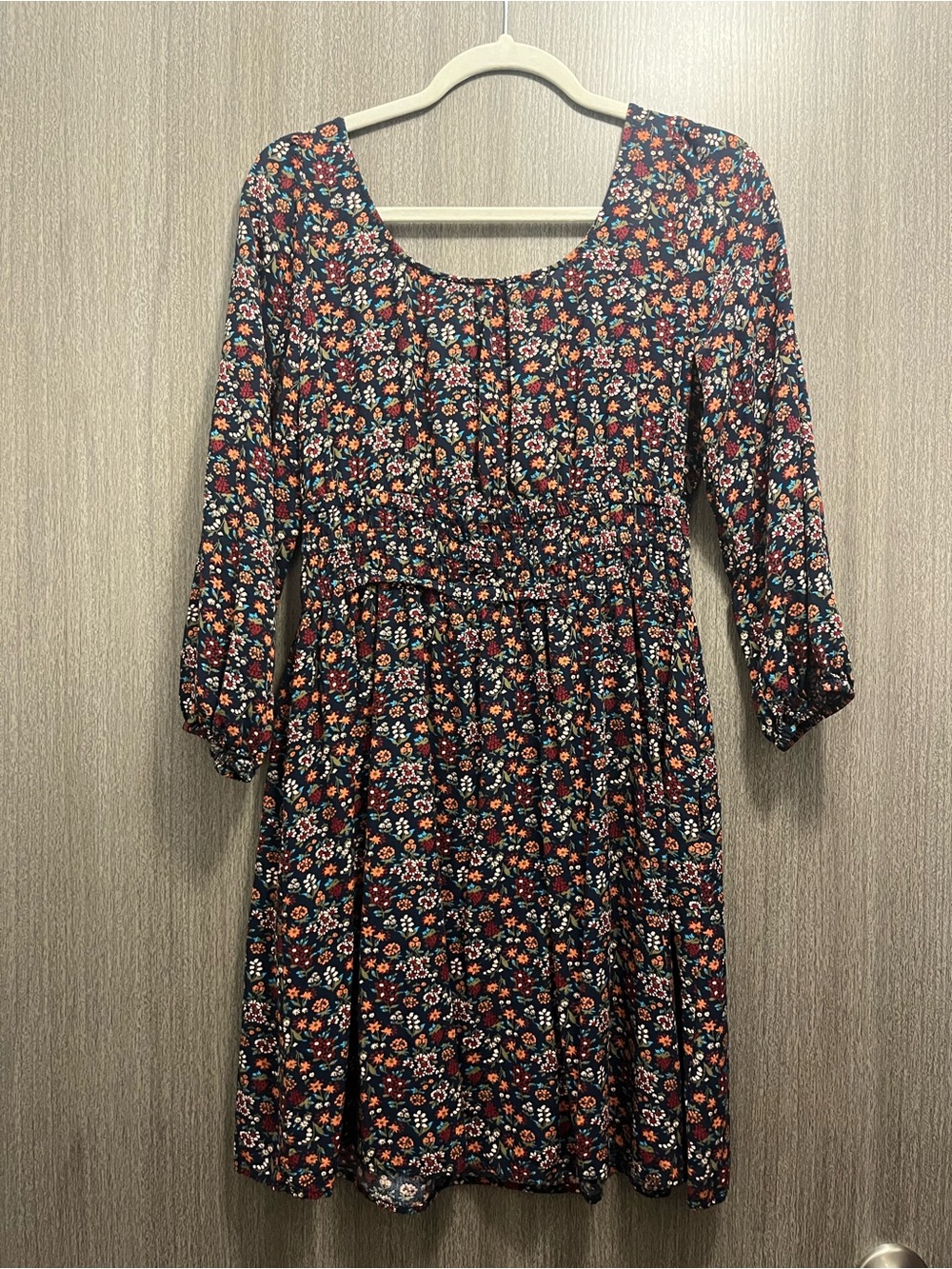 LOFT Navy Floral Long-Sleeve Scoop Dress